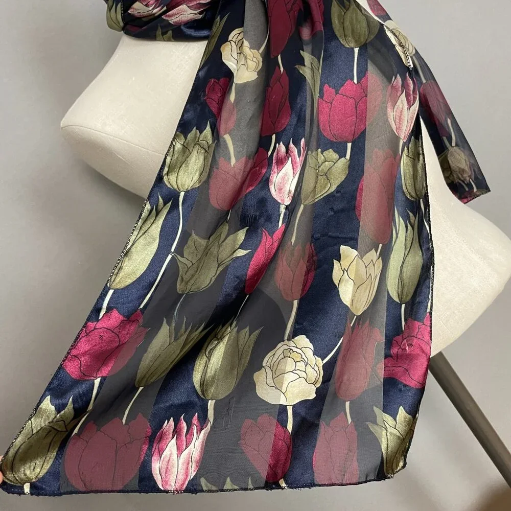 Floral Scarf Tulips Semi-Sheer Stripes Blue Maroon Long‎ Maximalist Artsy Whimsy